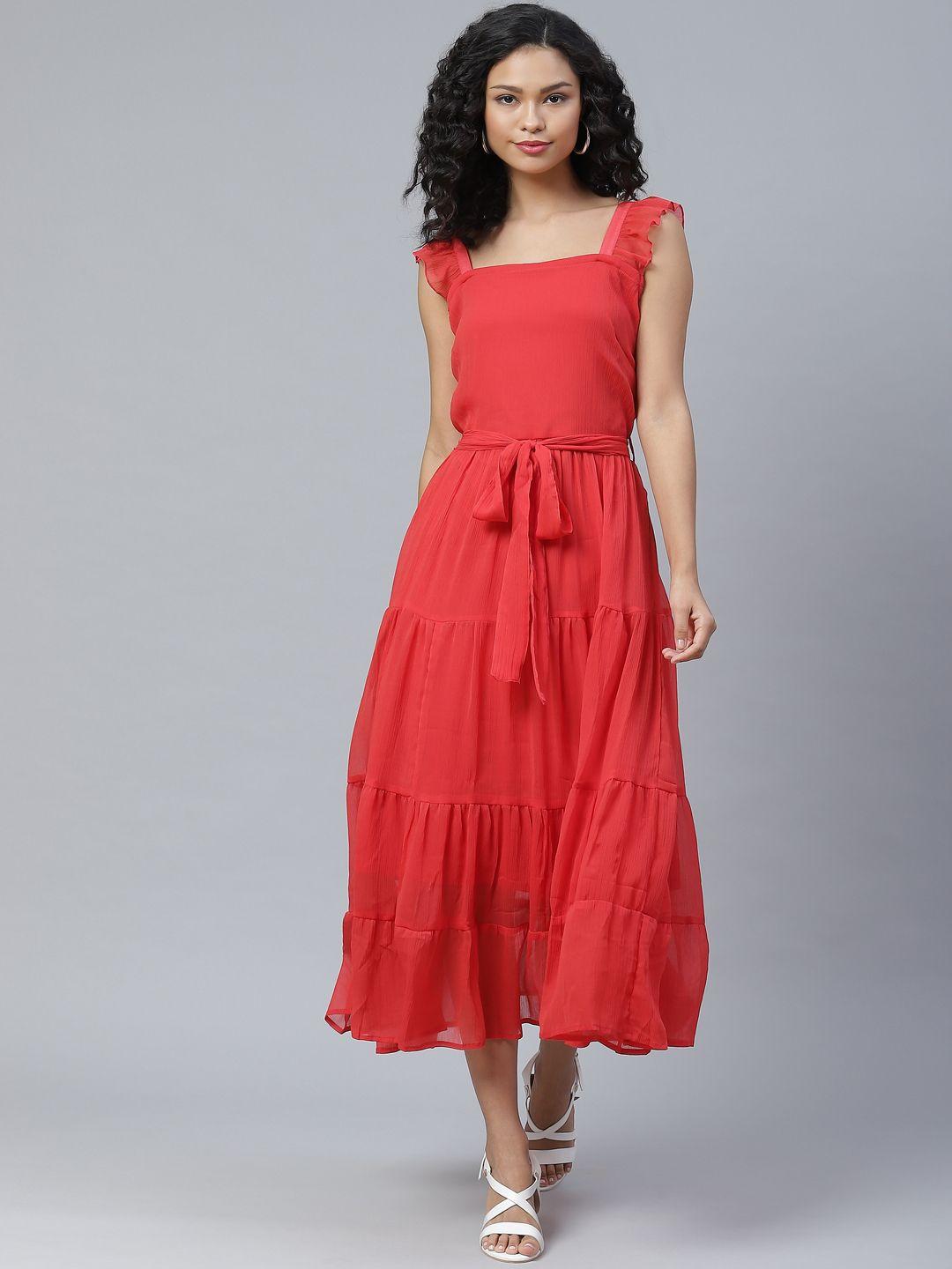 pluss resolute red solid tiered a-line midi dress