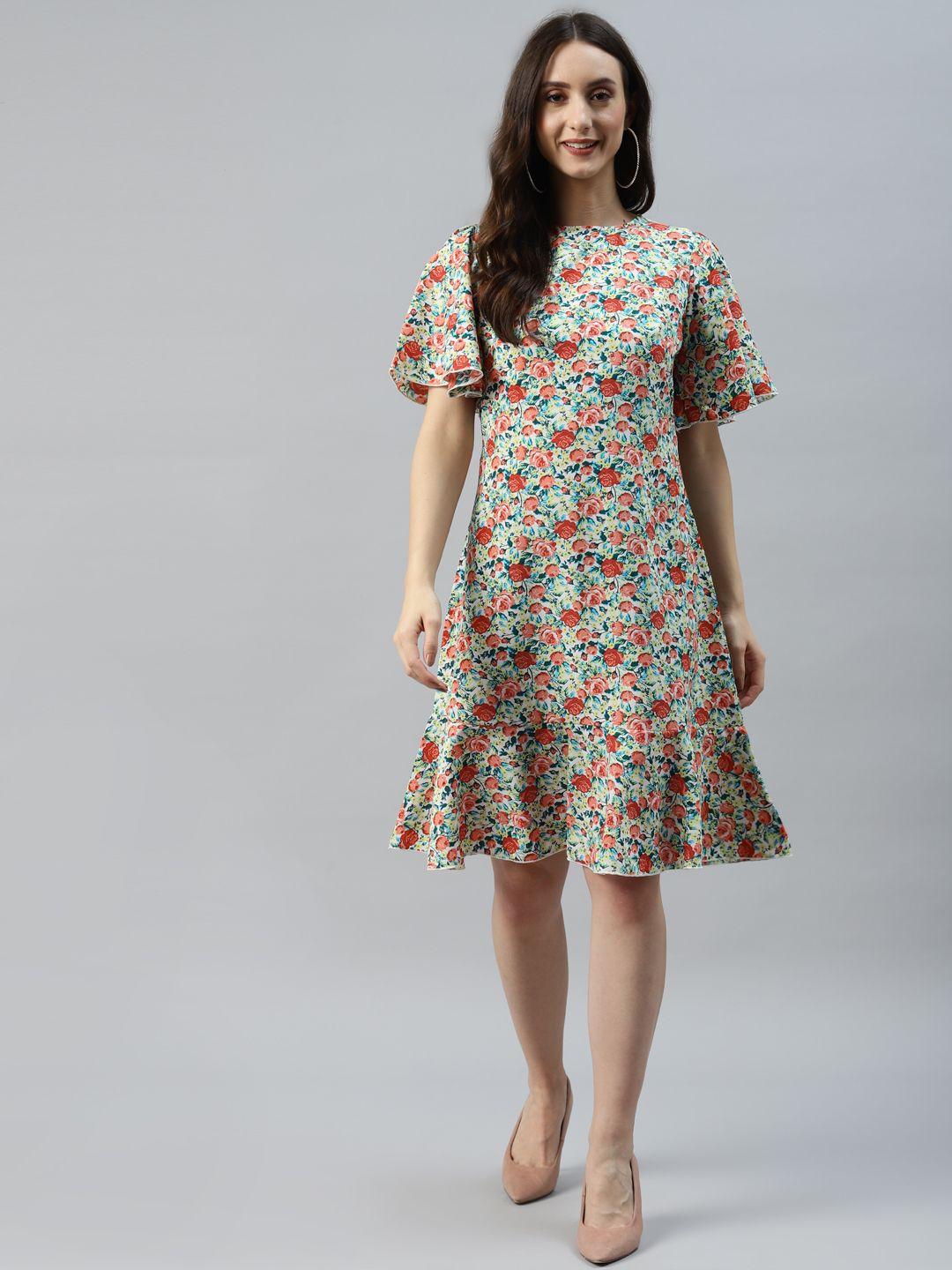 pluss sea green & red floral print a-line dress