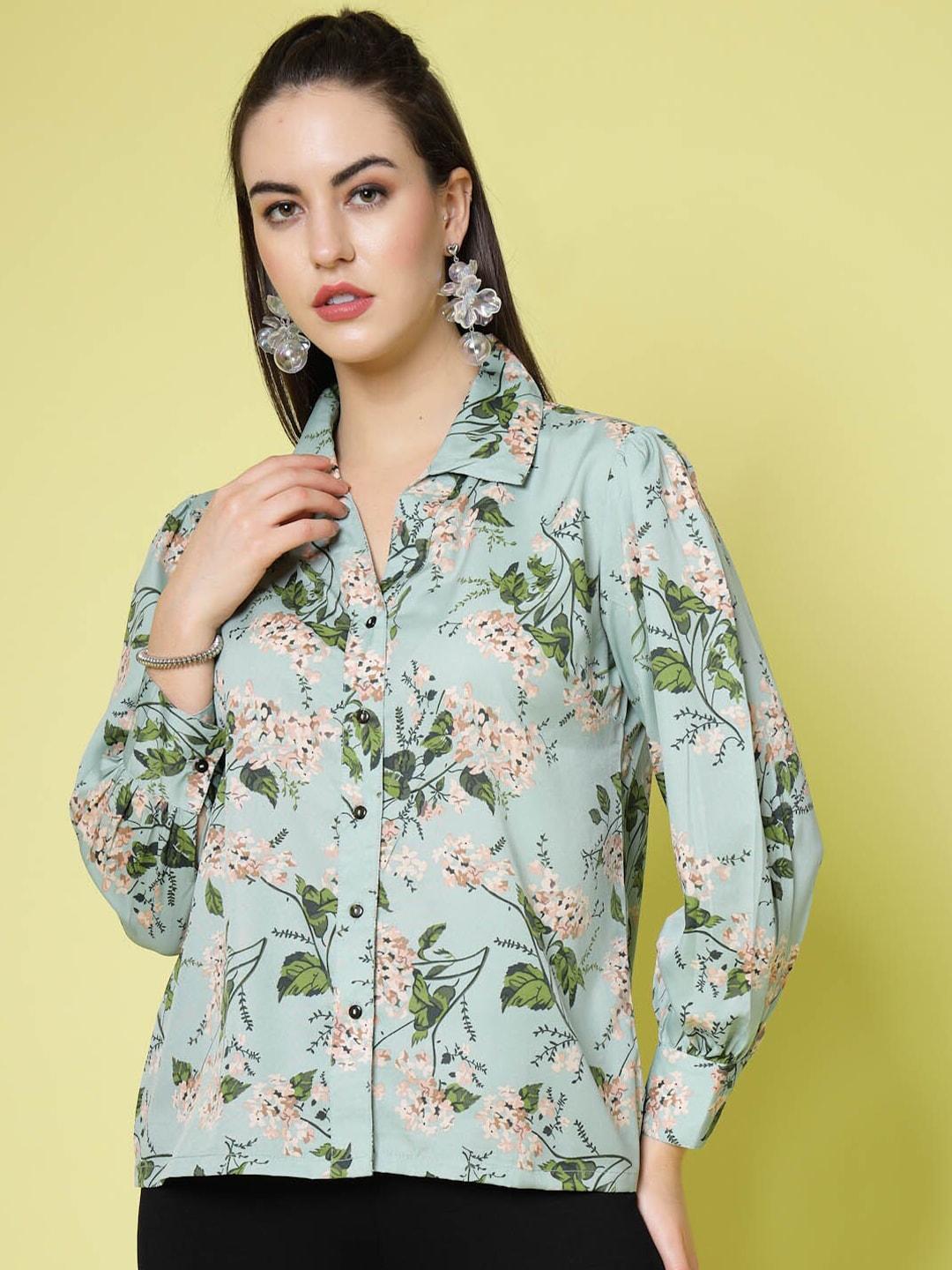 pluss sea green floral printed puff sleeve shirt style top