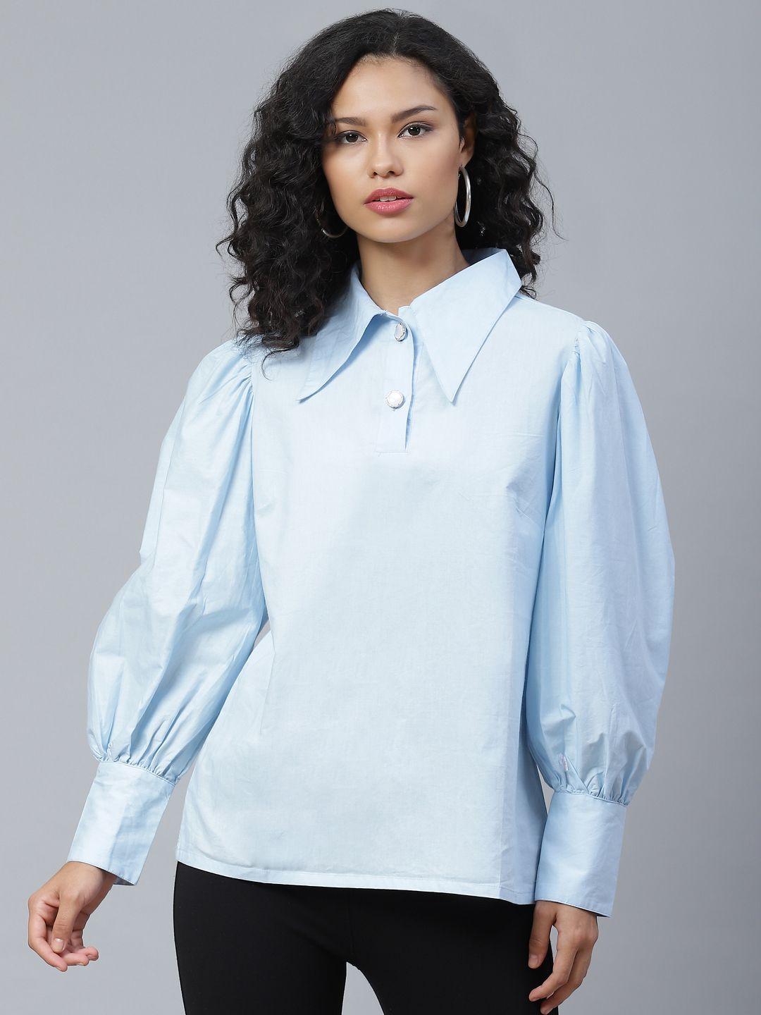 pluss serene blue solid bishop sleeves shirt style top