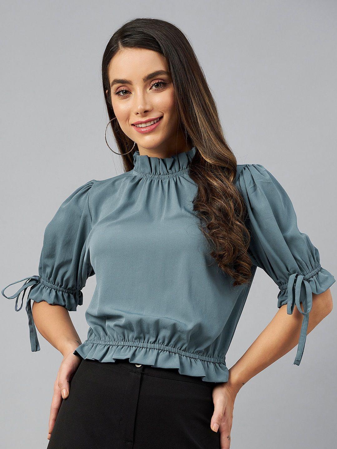 pluss teal blue mandarin collar blouson top