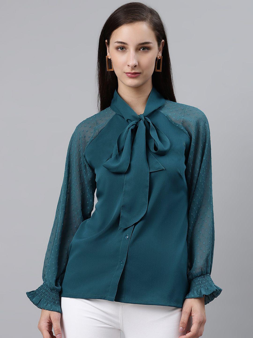 pluss teal blue solid tie-up neck top with dobby weave detail