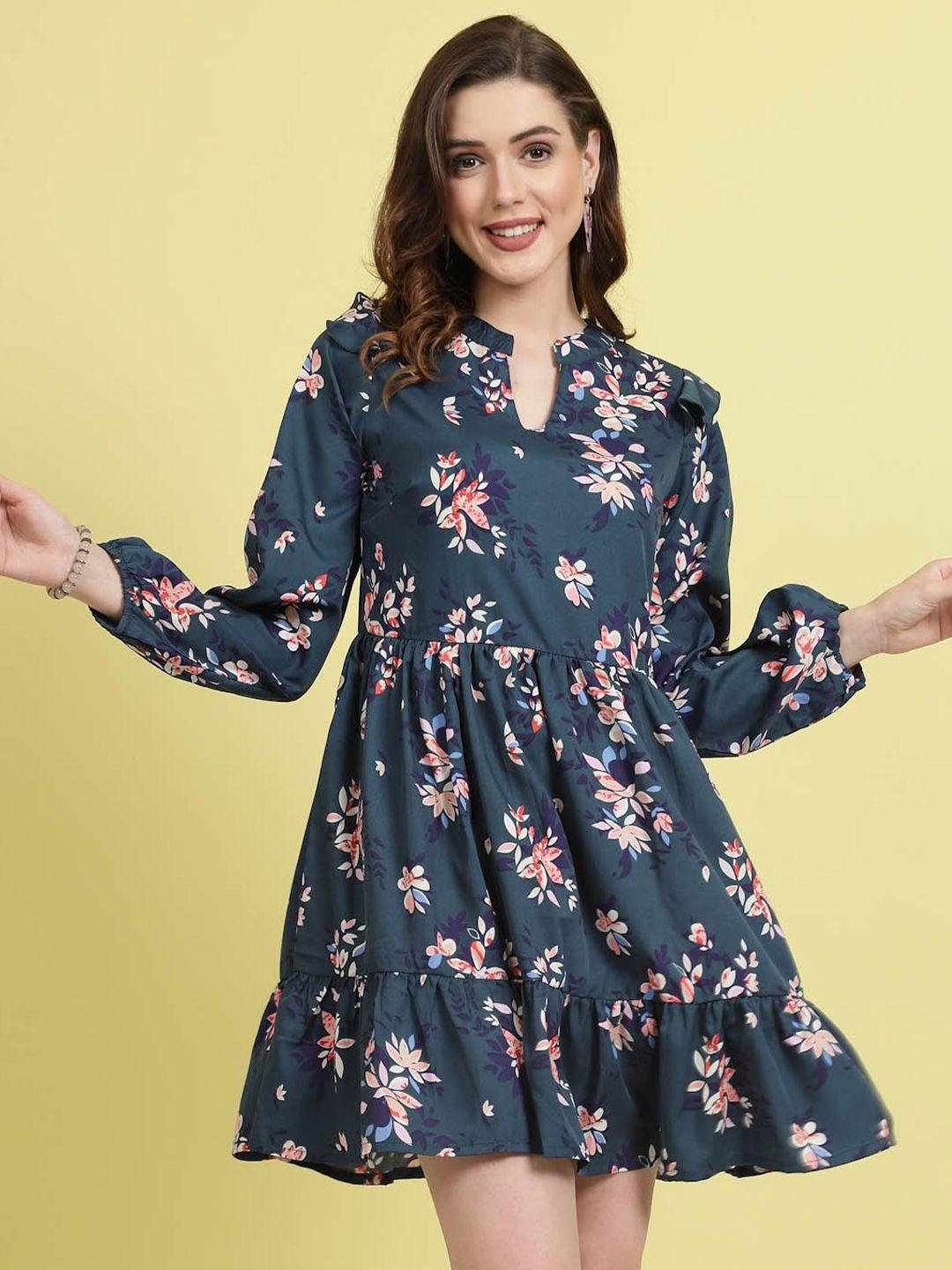 pluss teal floral printed mandarin collar gathered fit & flare dress