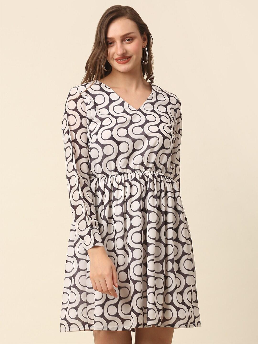 pluss white & black monochrome geometric printed puff sleeves gathered a-line dress