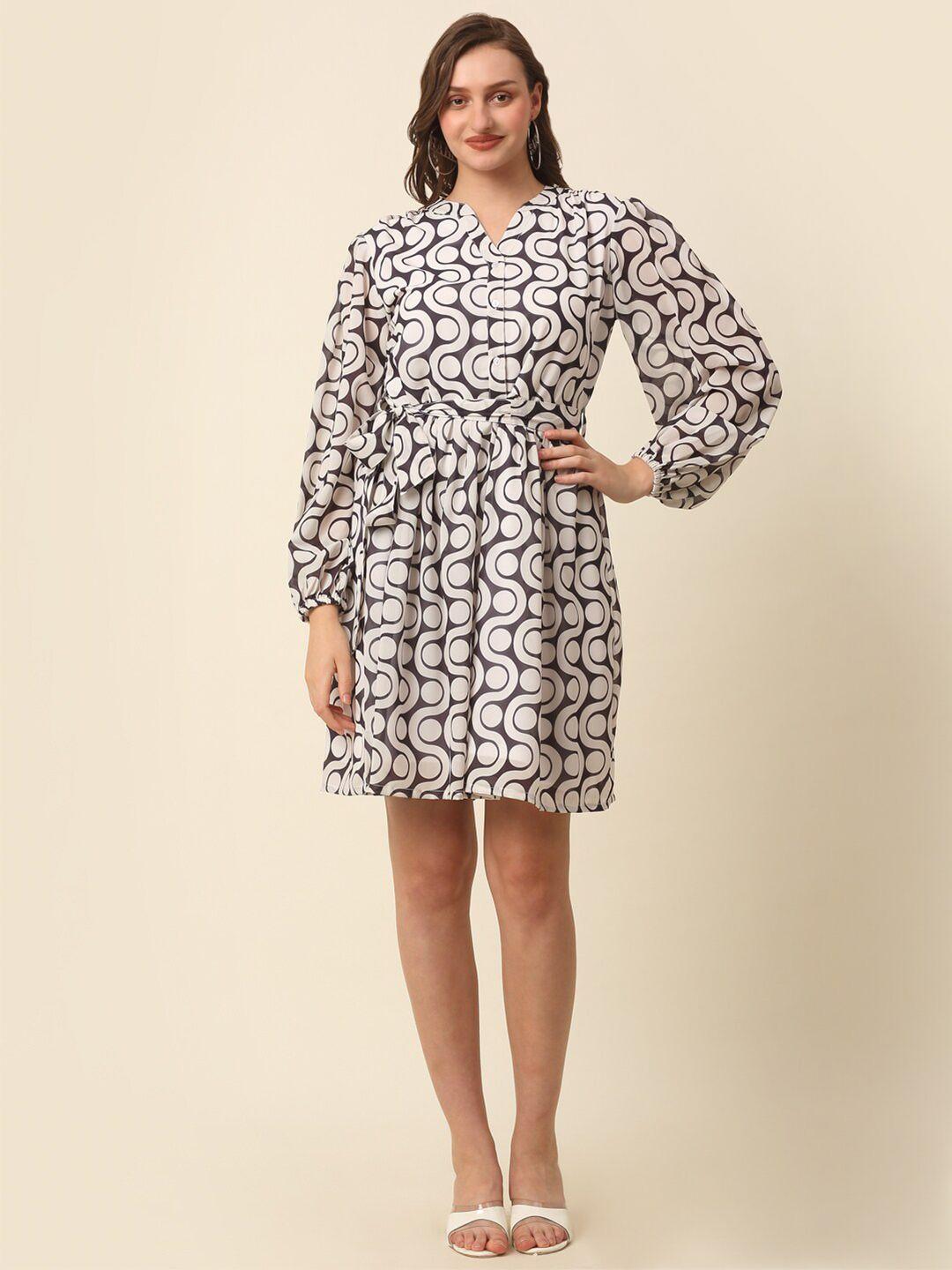 pluss white & black monochrome geometric printed puff sleeves gathered fit & flare dress