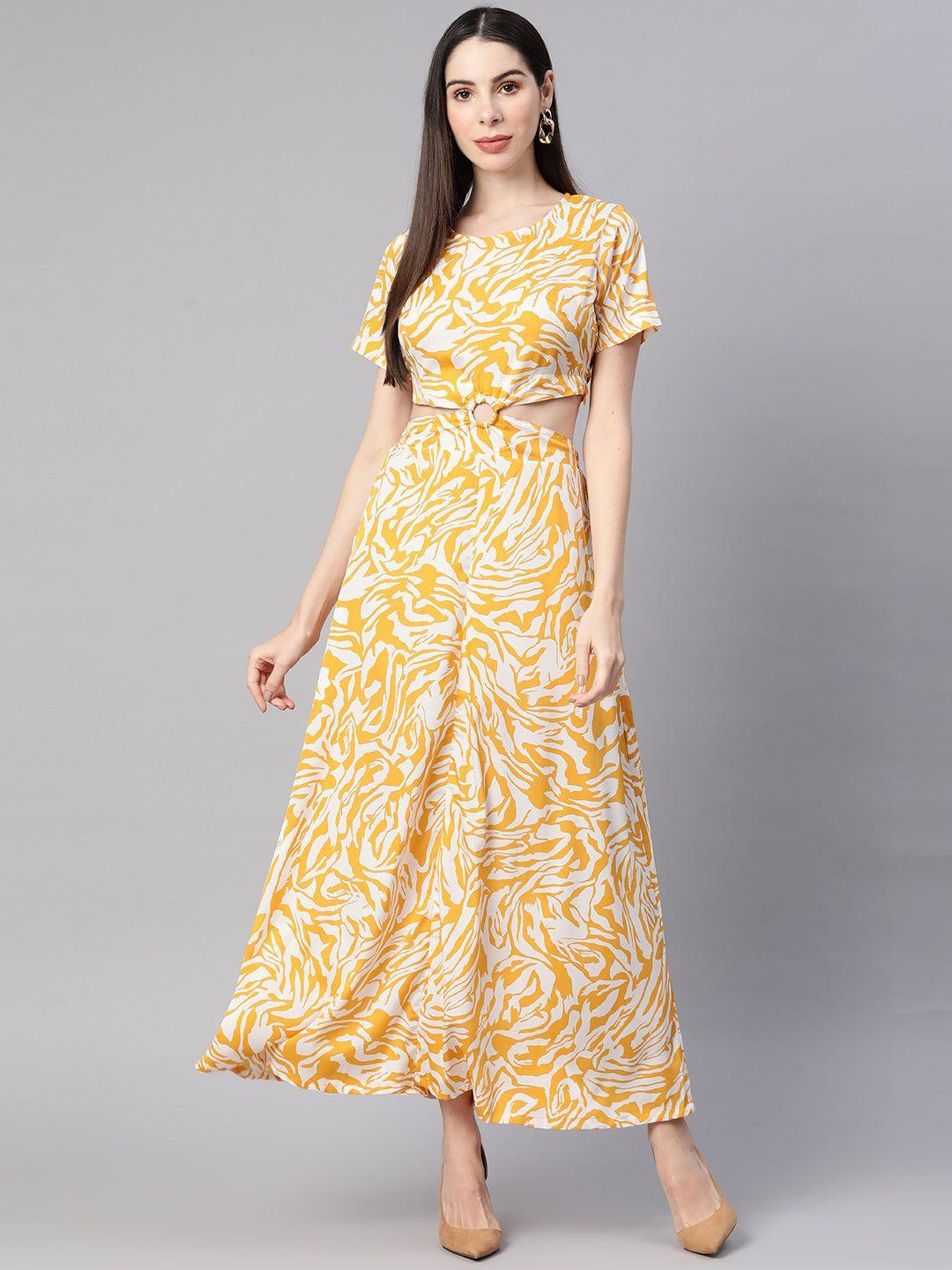 pluss white & mustard yellow printed cut-outs maxi dress