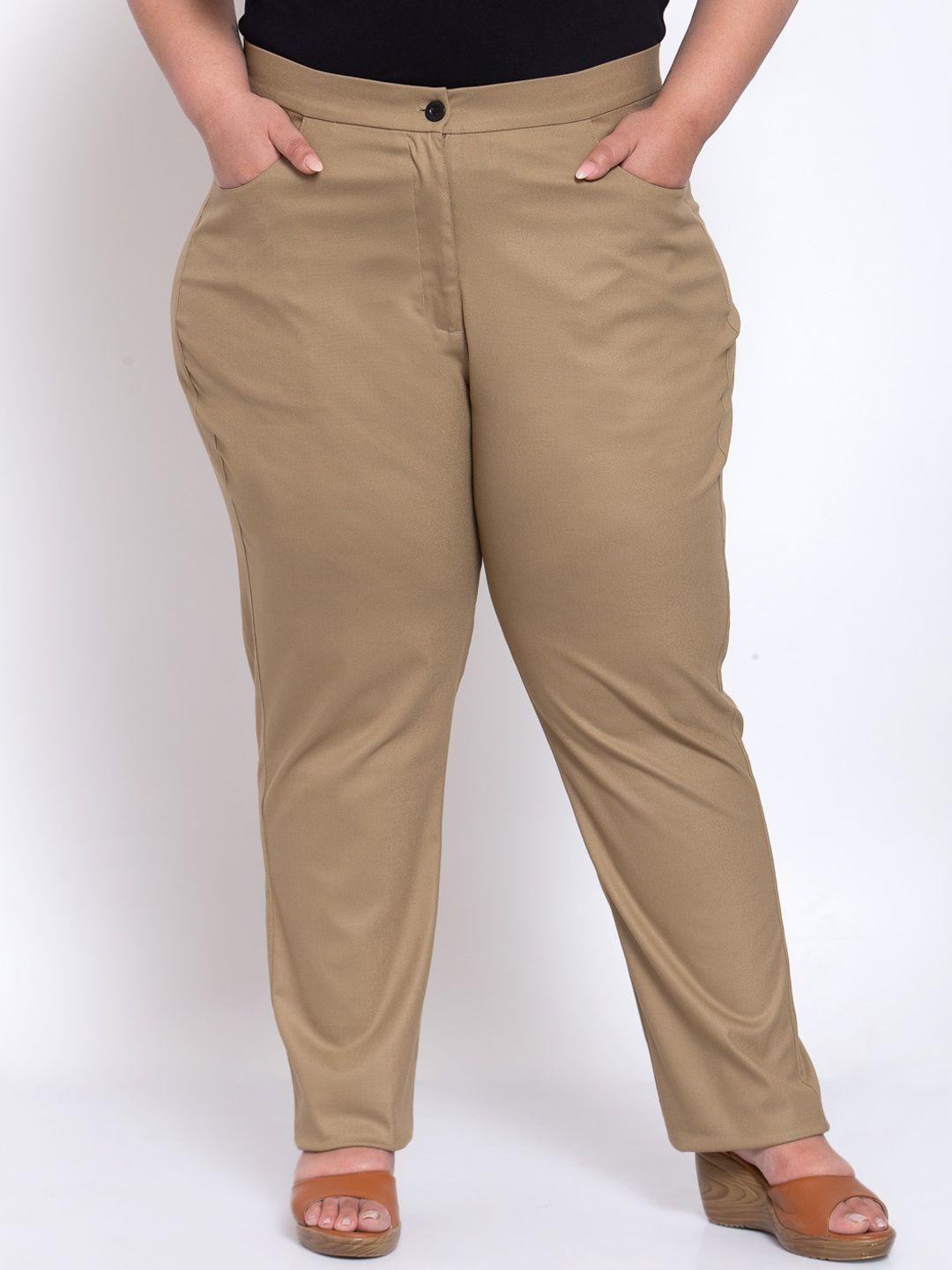 pluss women beige regular fit cotton solid formal trousers