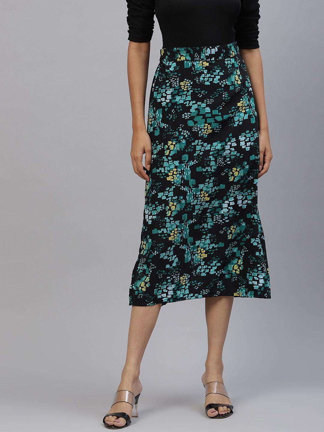 pluss women black & green floral a-line midi skirt