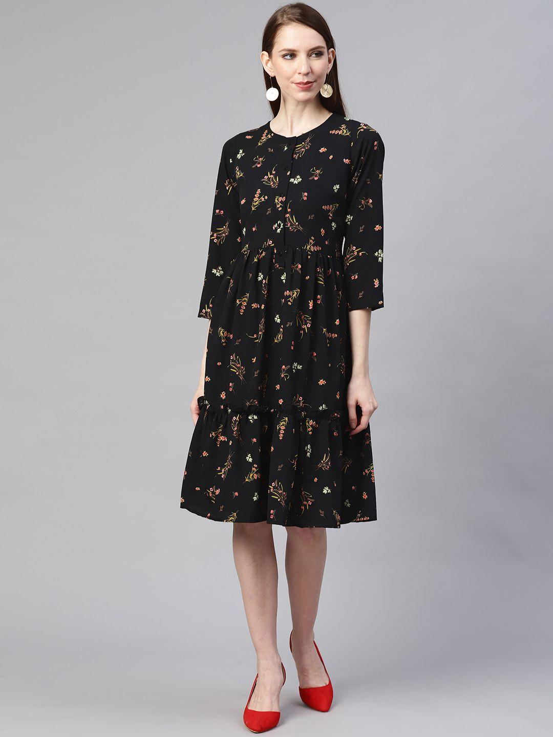 pluss women black & green floral print a-line dress