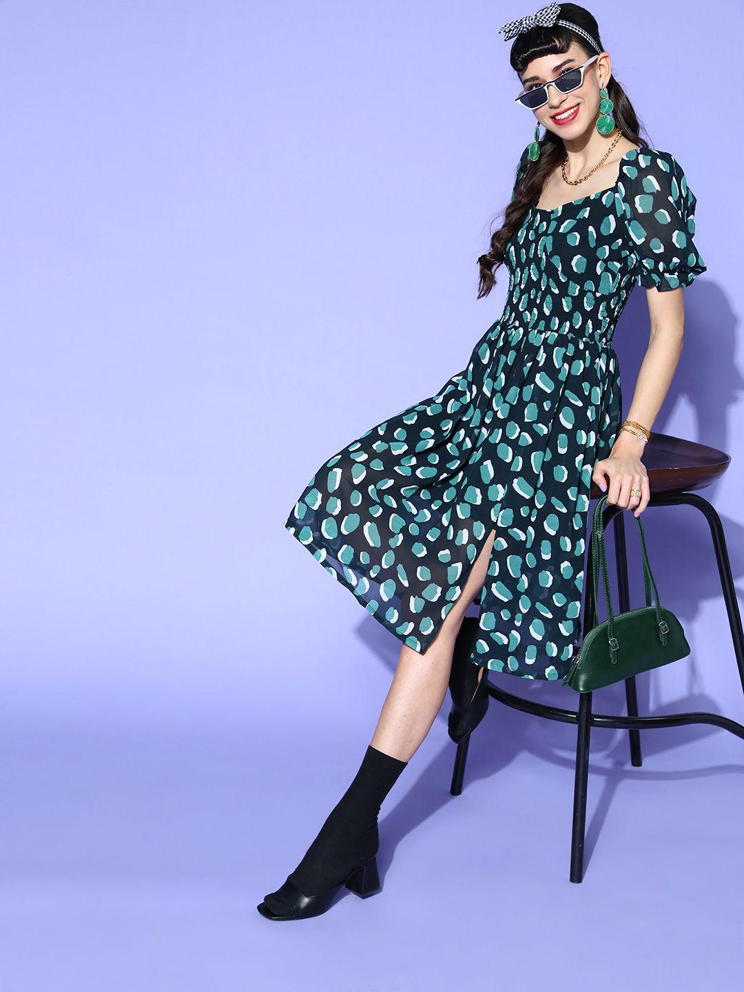 pluss women black & green geometric print georgette a-line puff sleeves dress