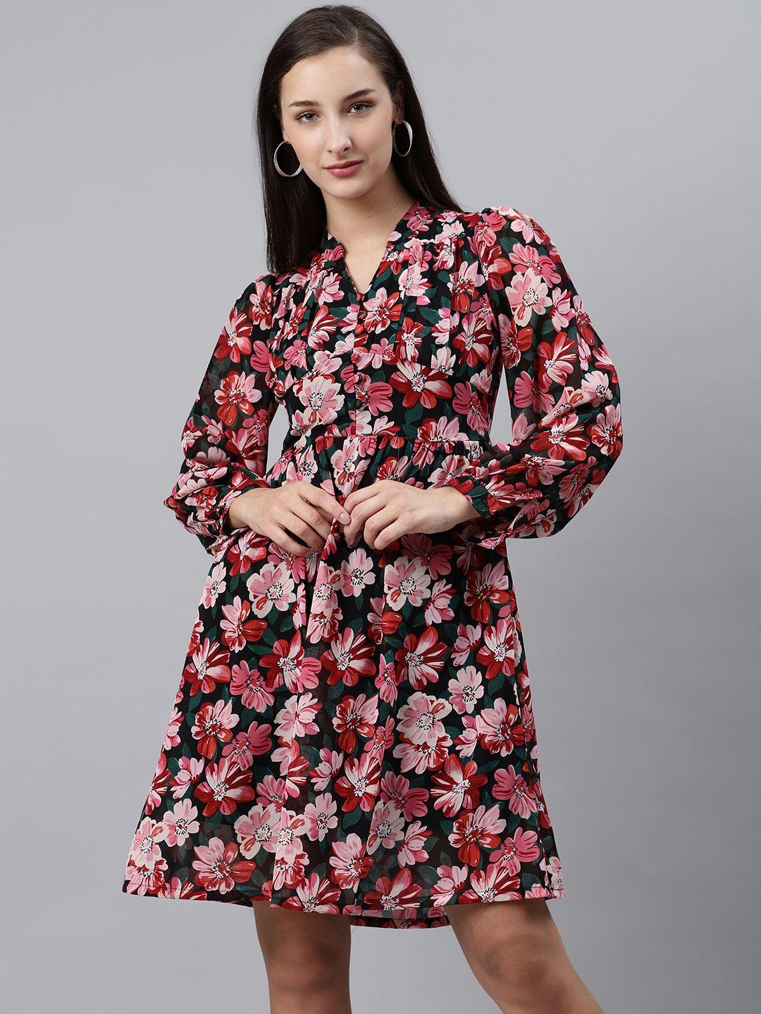 pluss women black & pink floral print a-line dress