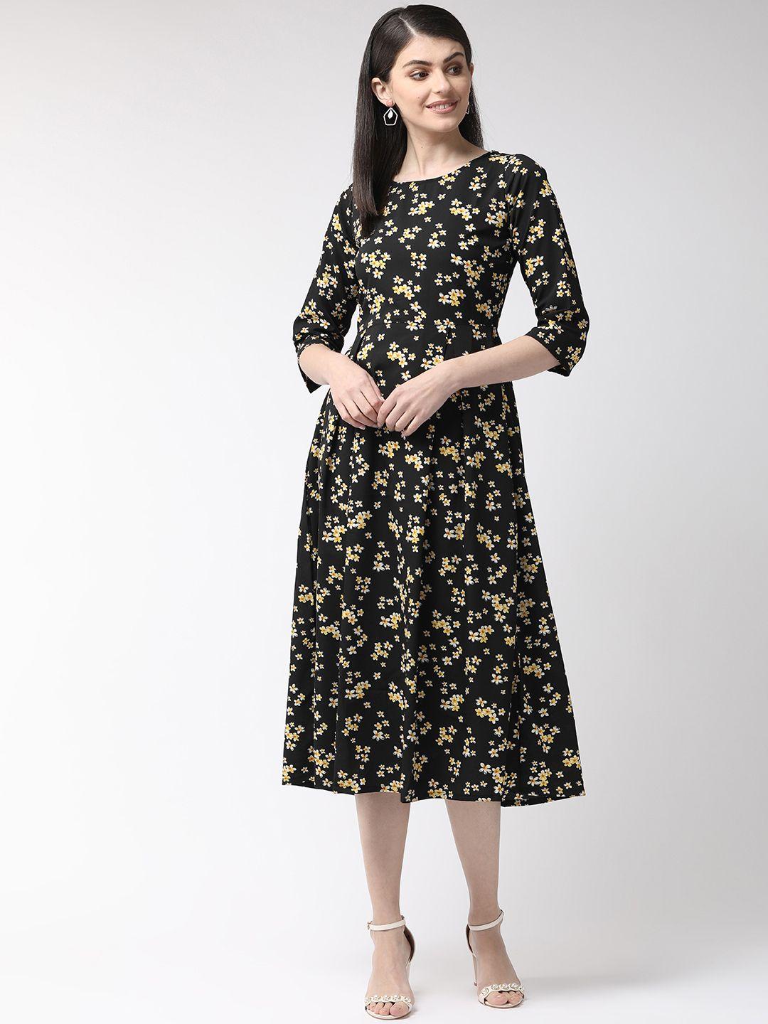 pluss women black & yellow floral print fit and flare dress