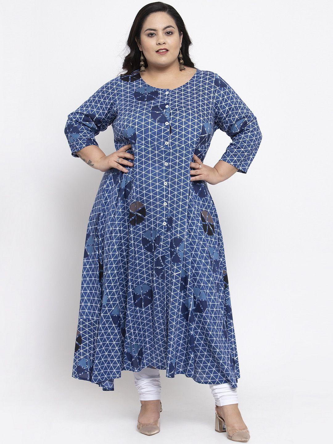 pluss women blue & off-white printed a-line kurta