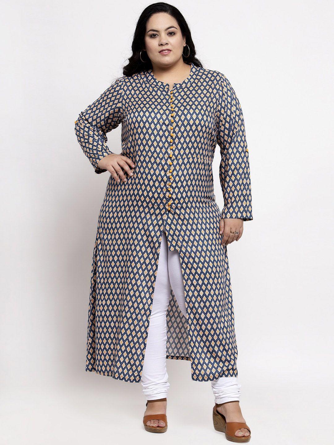 pluss women blue & yellow printed a-line kurta