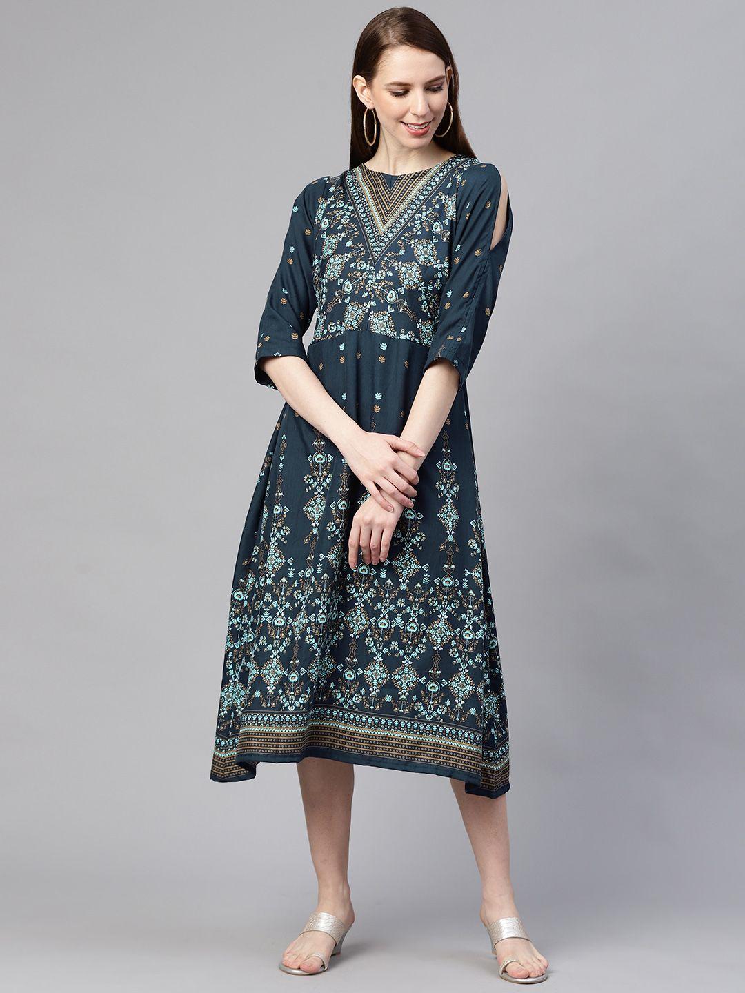 pluss women blue printed a-line dress