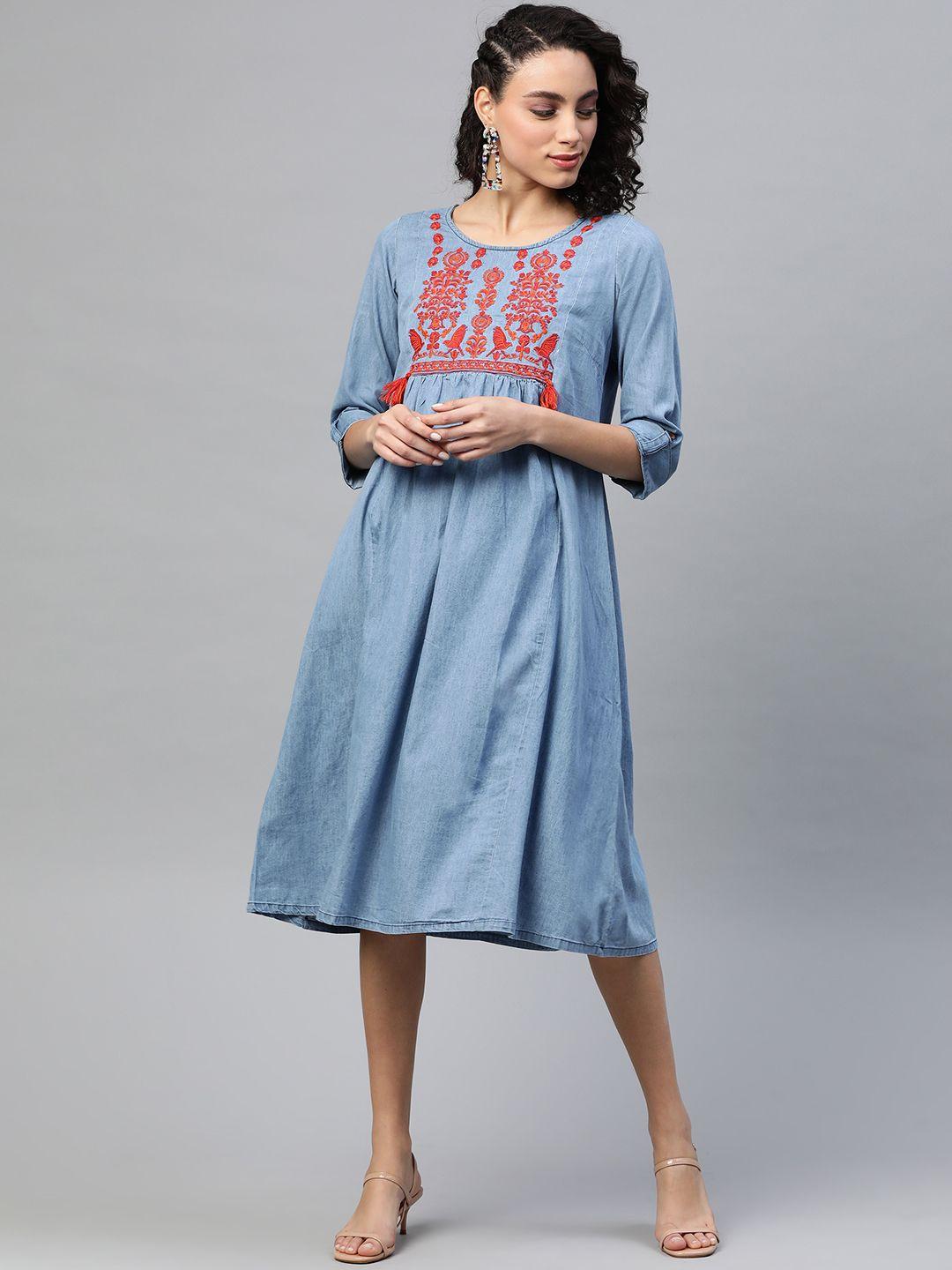 pluss women blue yoke design embroidered pure cotton chambray midi a-line dress