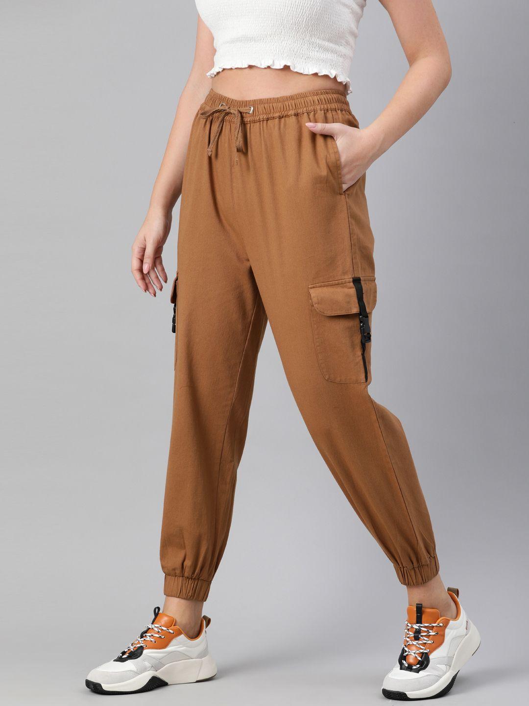 pluss women brown regular fit solid joggers