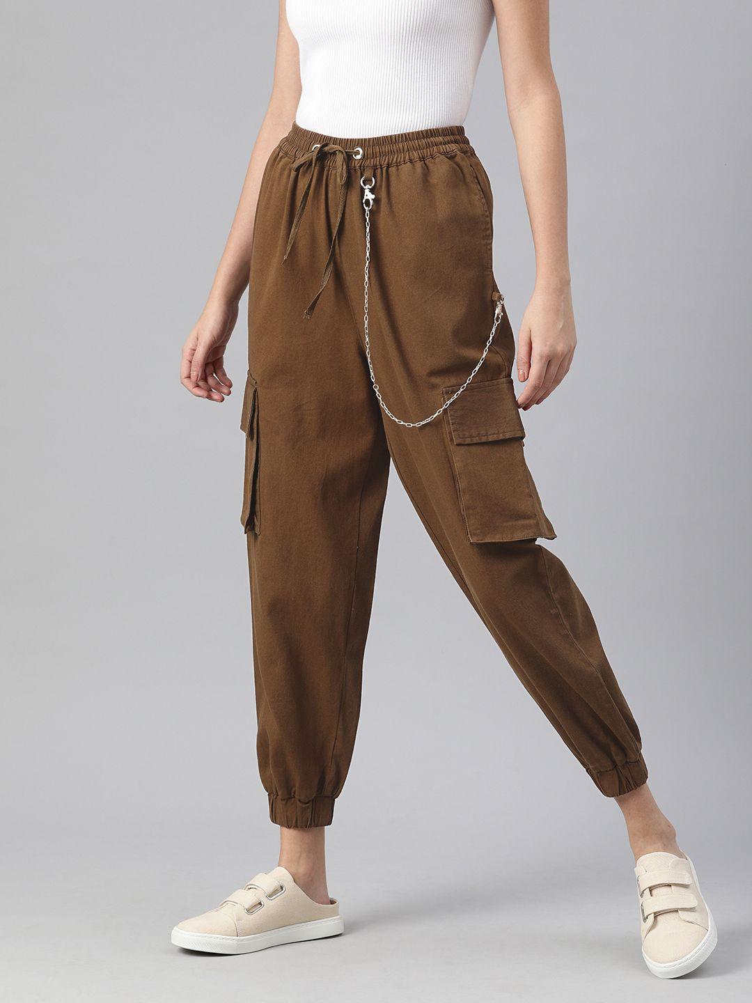 pluss women brown regular fit solid joggers