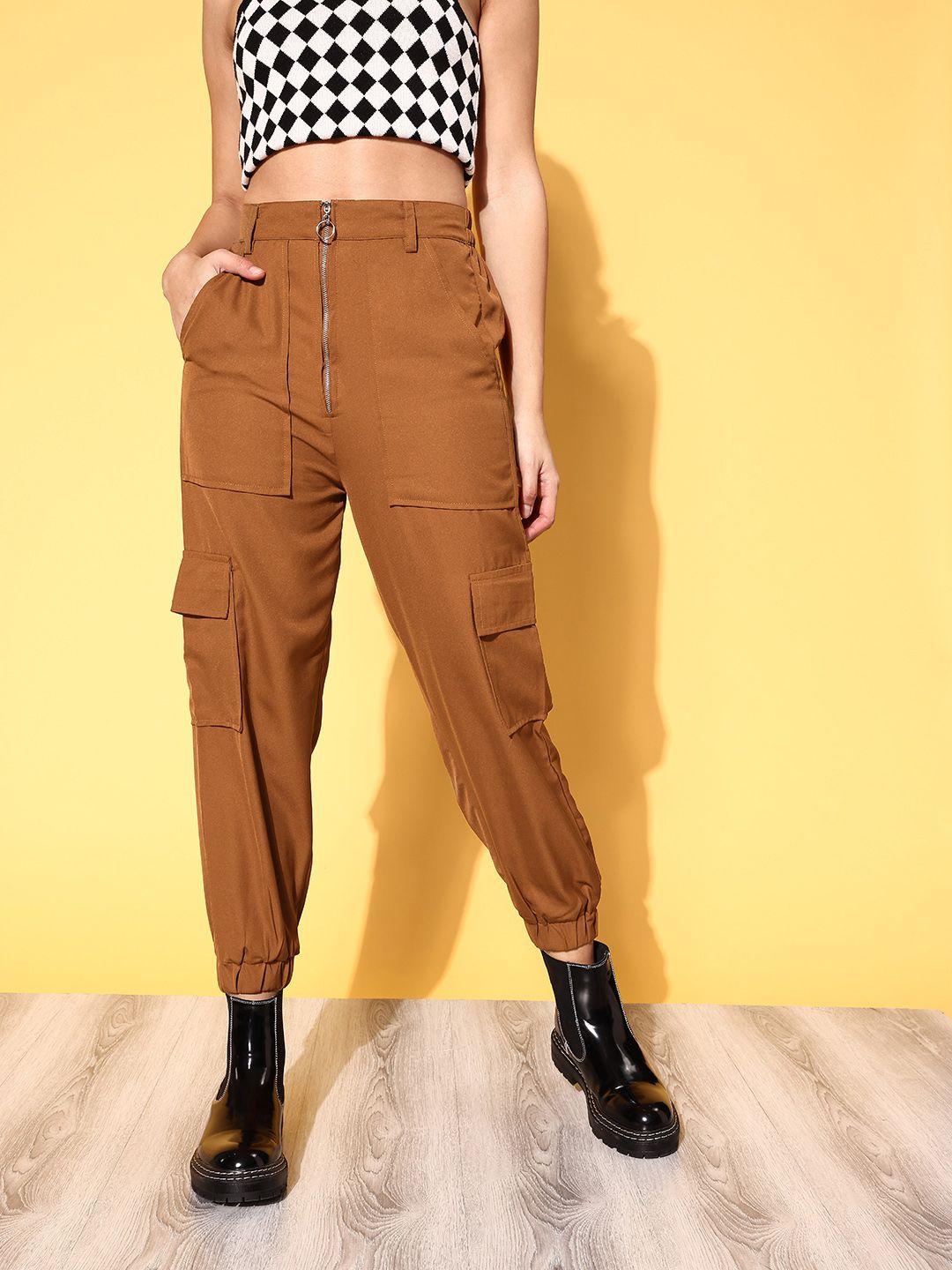 pluss women brown solid y2k cargo trousers