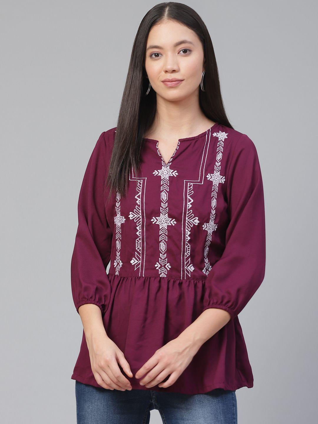 pluss women burgundy embroidered peplum top