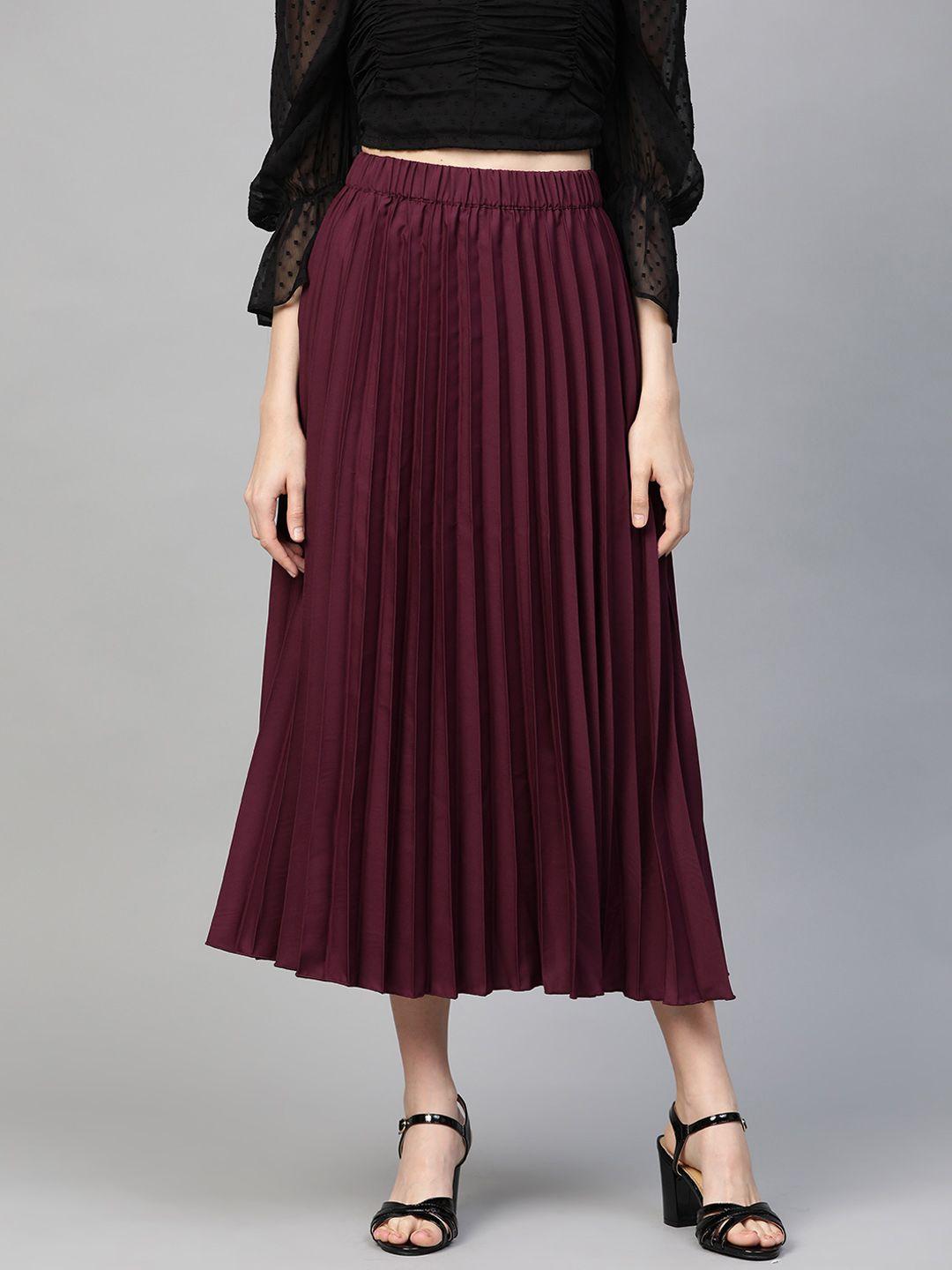 pluss women burgundy solid accordion pleated a-line skirt