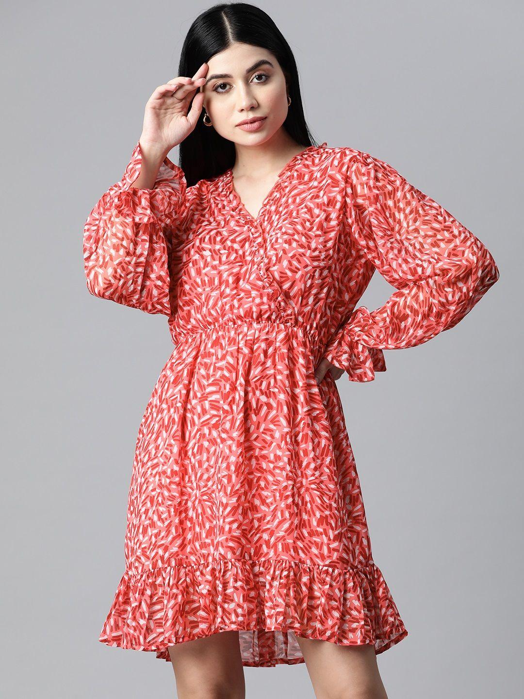 pluss women coral abstract print bell sleeves dress with ruffle detail