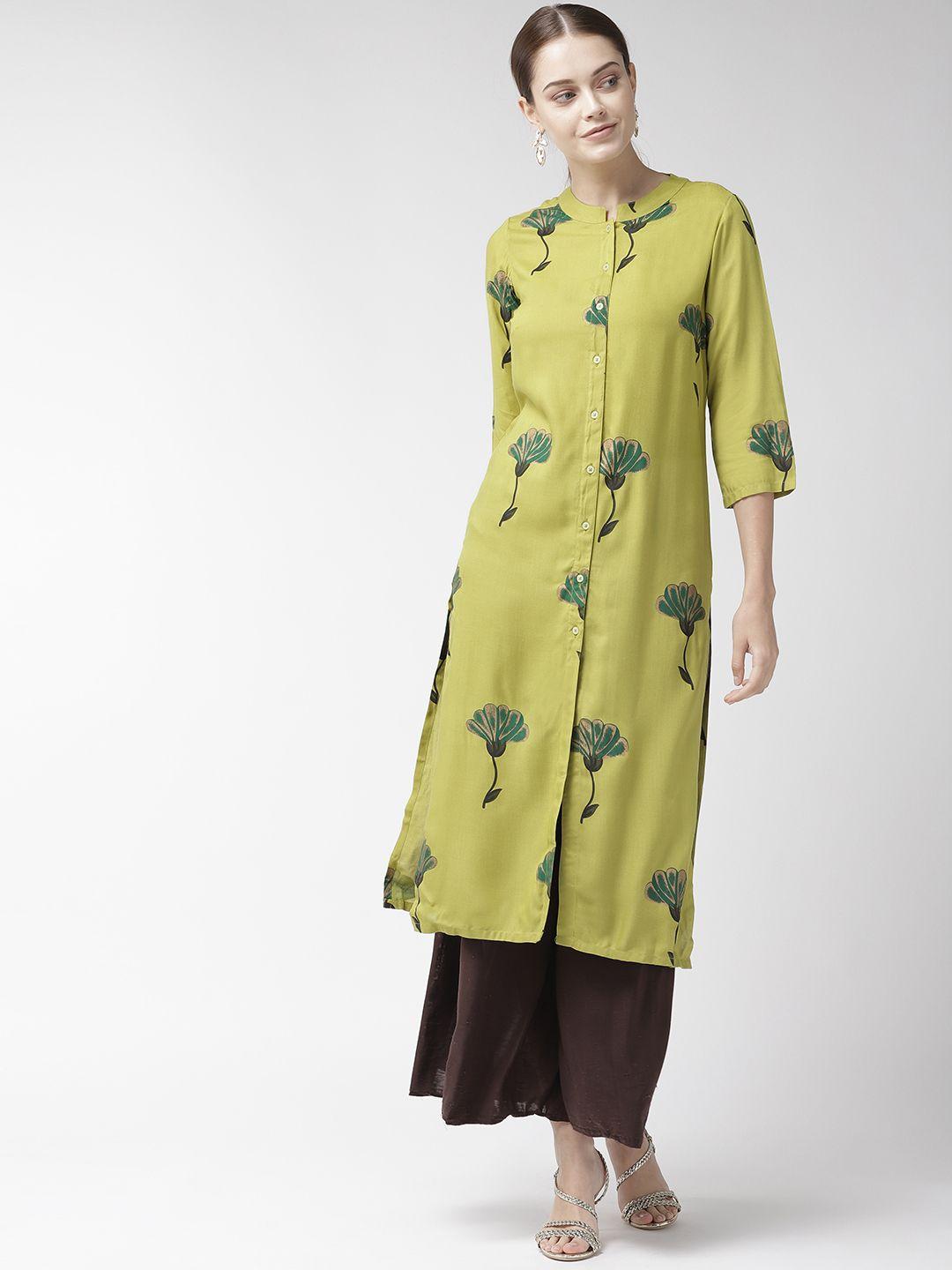 pluss women green & blue floral printed straight kurta