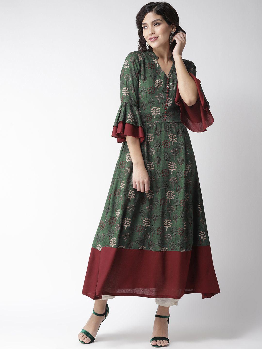 pluss women green & maroon printed a-line kurta