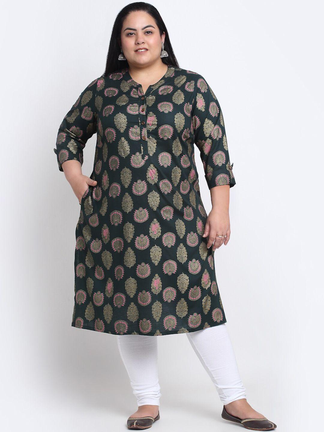 pluss women green & pink ethnic motifs printed kurta