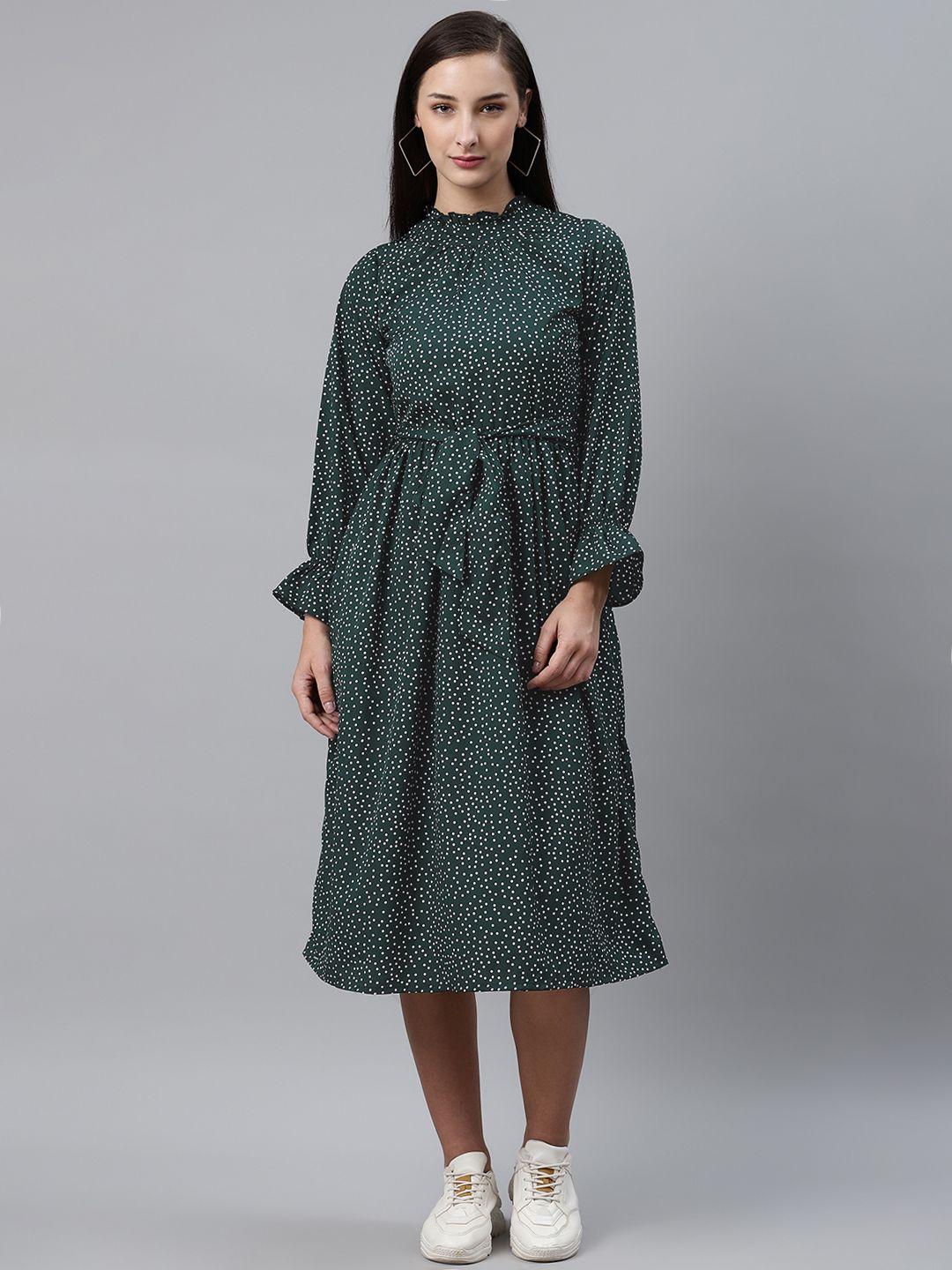 pluss women green & white dotted print a-line dress with belt