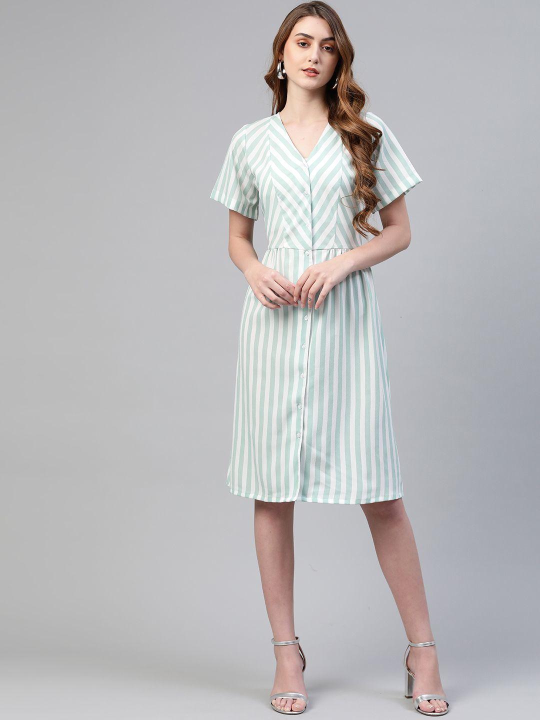 pluss women green & white striped a-line dress