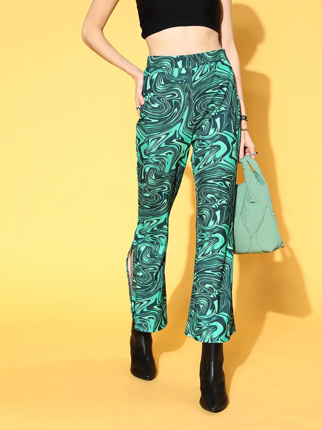 pluss women green abstract print side-slit trousers