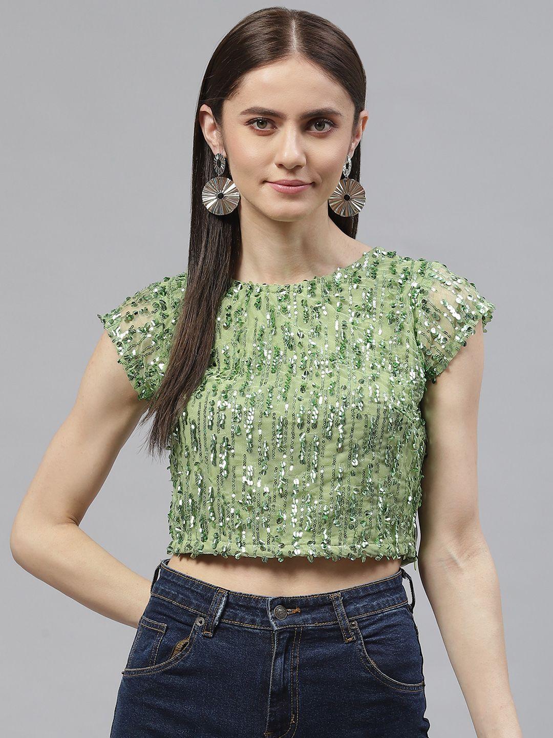 pluss women green poly georgette sequined crop top