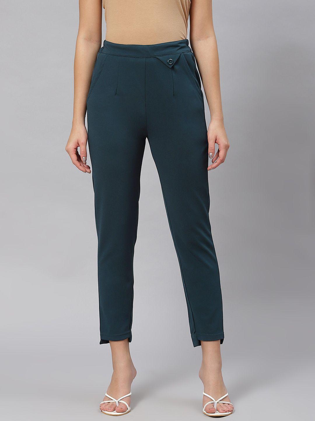 pluss women green solid mid-rise regular fit trousers