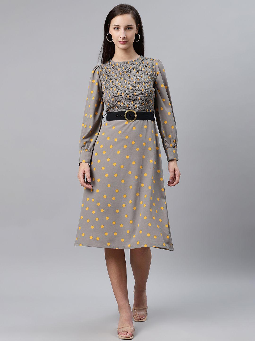 pluss women grey & yellow polka dot print fit & flare dress with smocked detail