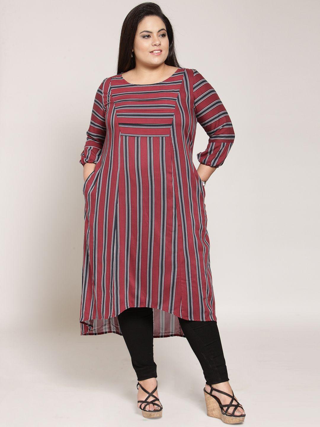 pluss women maroon & black striped a-line kurta