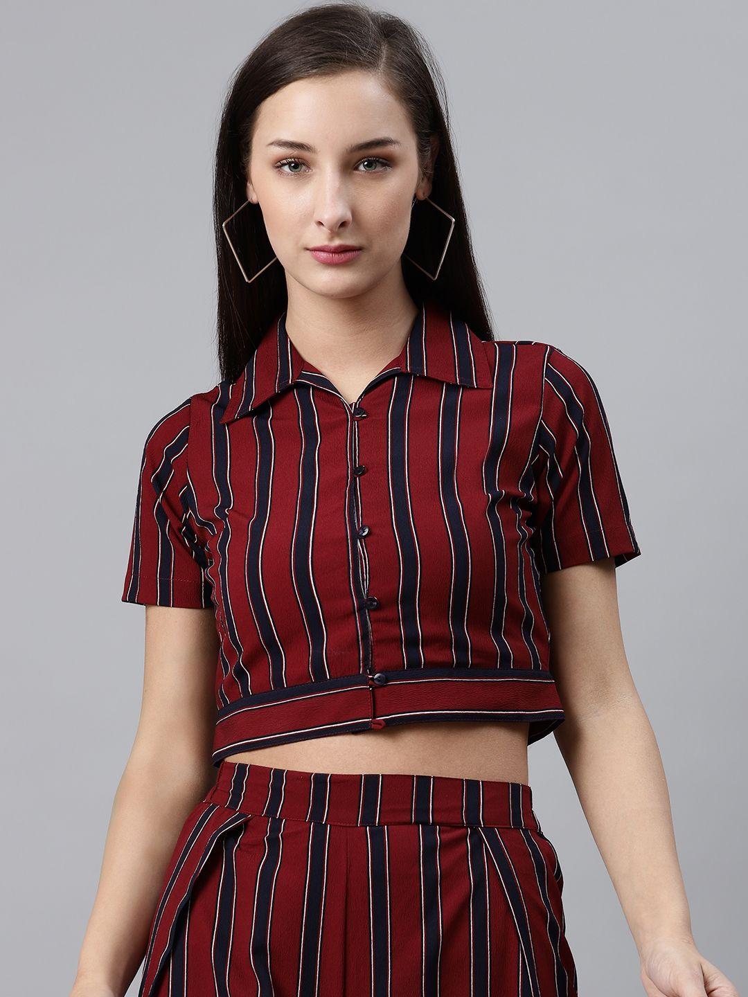 pluss women maroon & black striped crop casual shirt