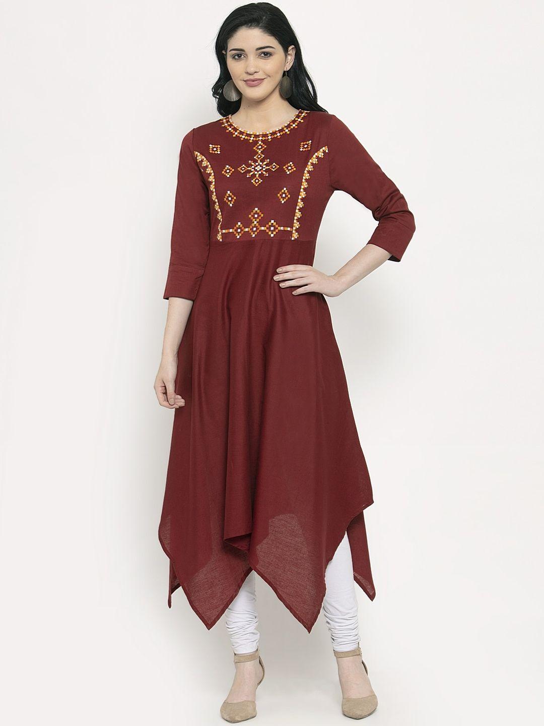 pluss women maroon embroidered knitted anarkali kurta