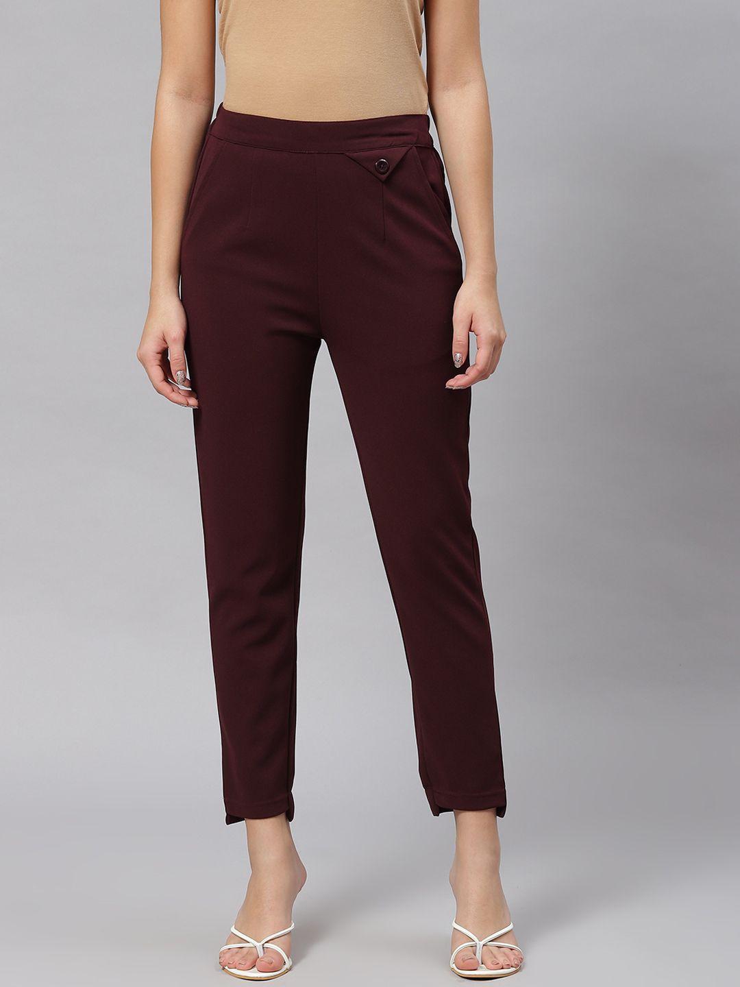 pluss women maroon solid mid-rise regular fit trousers