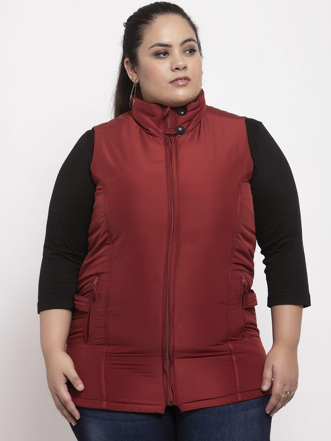 pluss women maroon solid puffer jacket