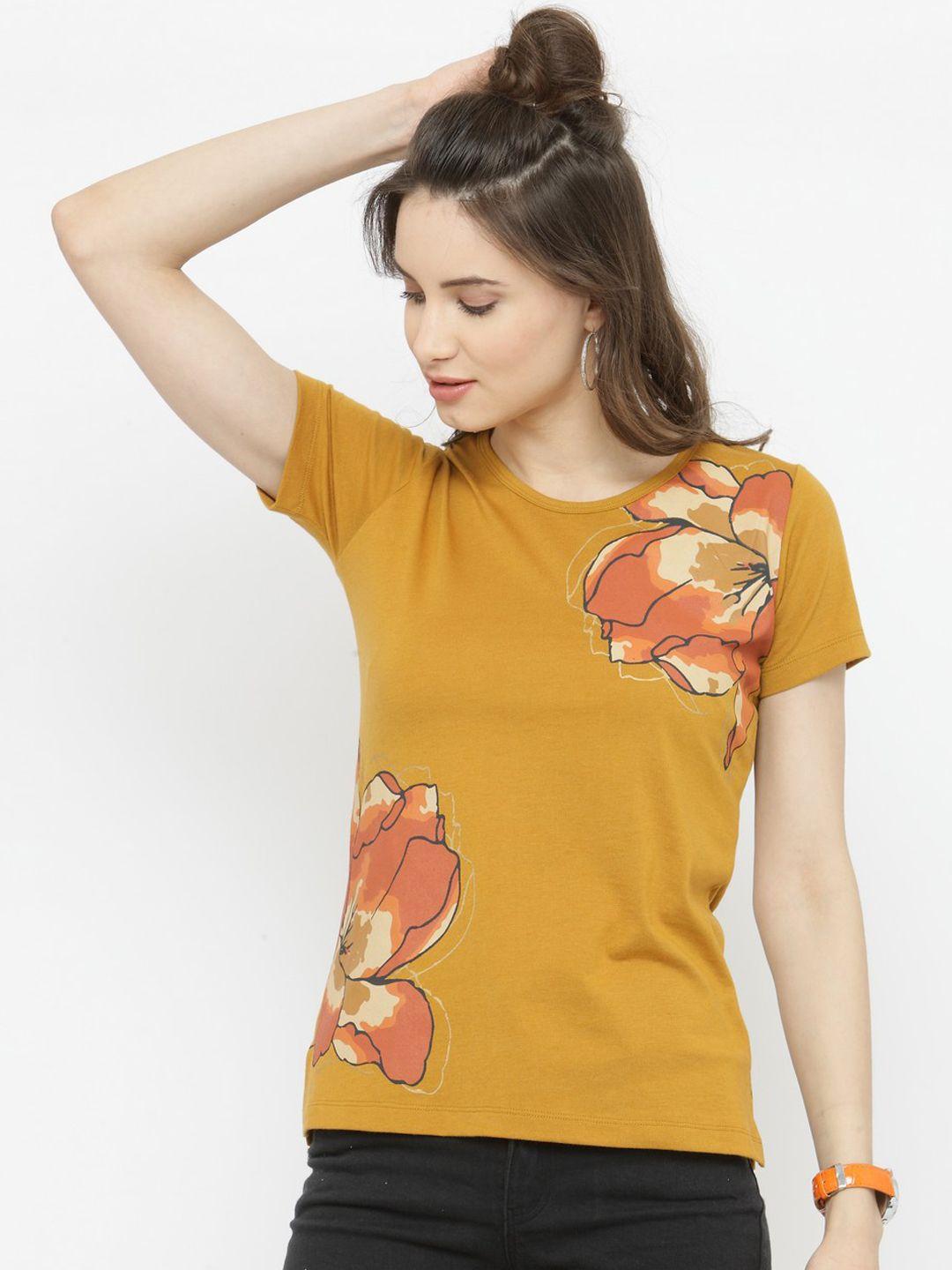 pluss women mustard printed round neck t-shirt