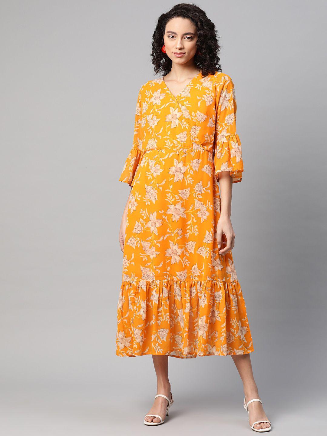 pluss women mustard yellow & beige floral printed wrap dress