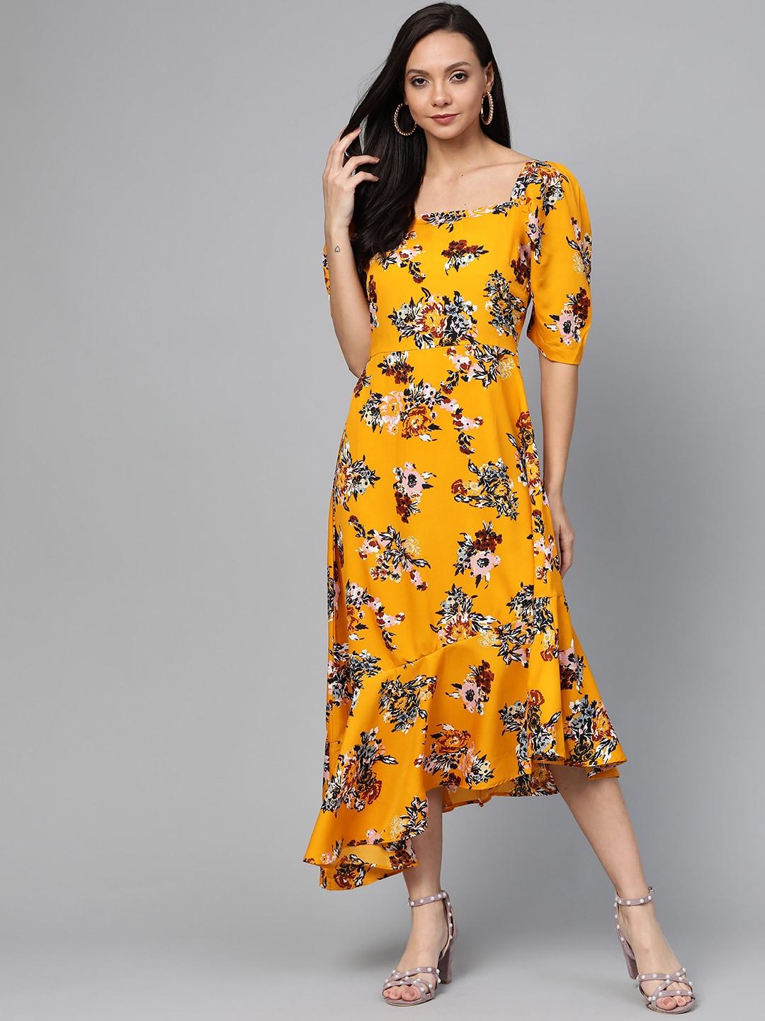 pluss women mustard yellow & black floral print a-line dress
