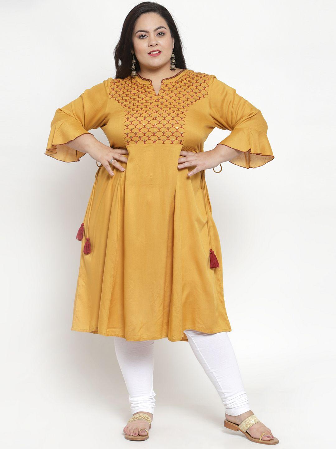 pluss women mustard yellow & red yoke design a-line kurta