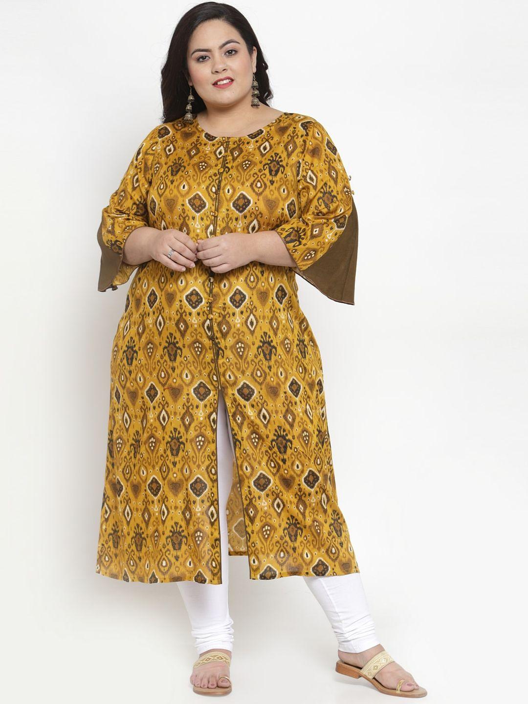 pluss women mustard yellow ethnic motifs cotton printed kurta