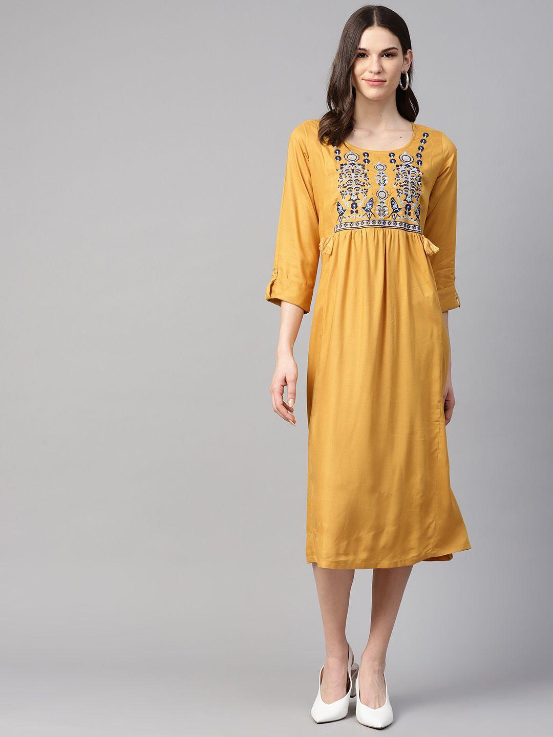 pluss women mustard yellow solid a-line dress with embroidered detail