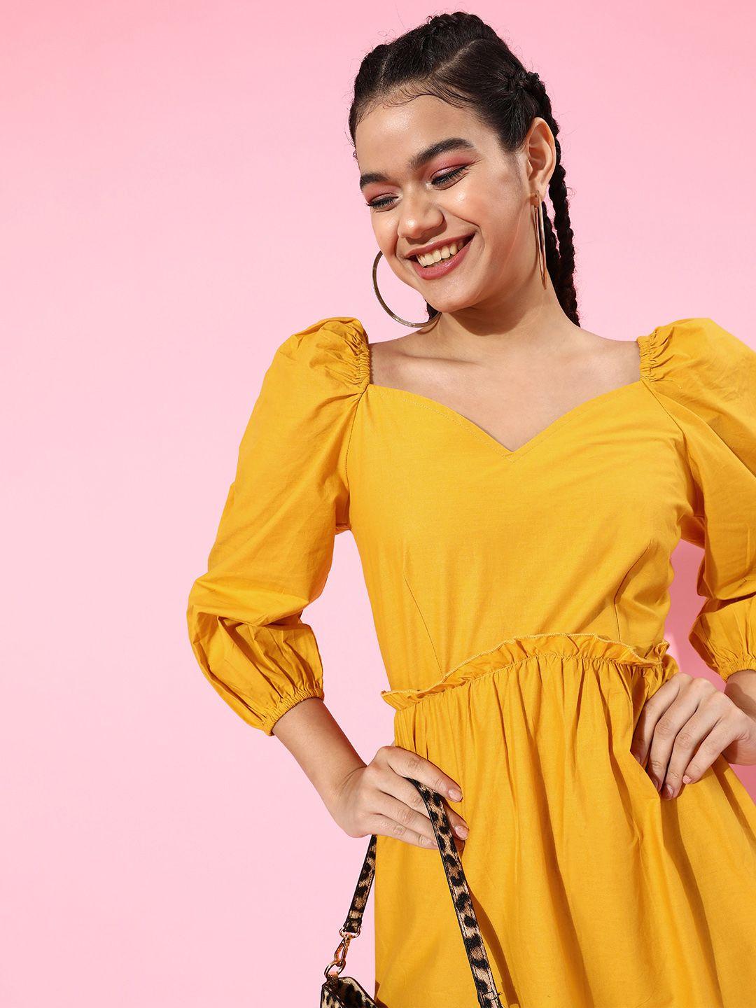 pluss women mustard yellow solid cotton power shoulder a-line dress