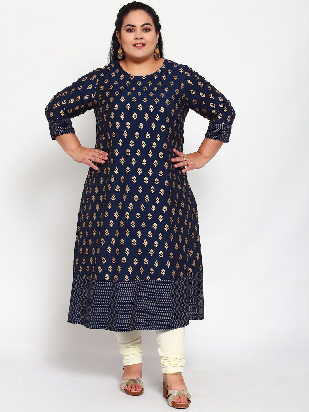 pluss women navy blue & gold-toned floral printed kurta