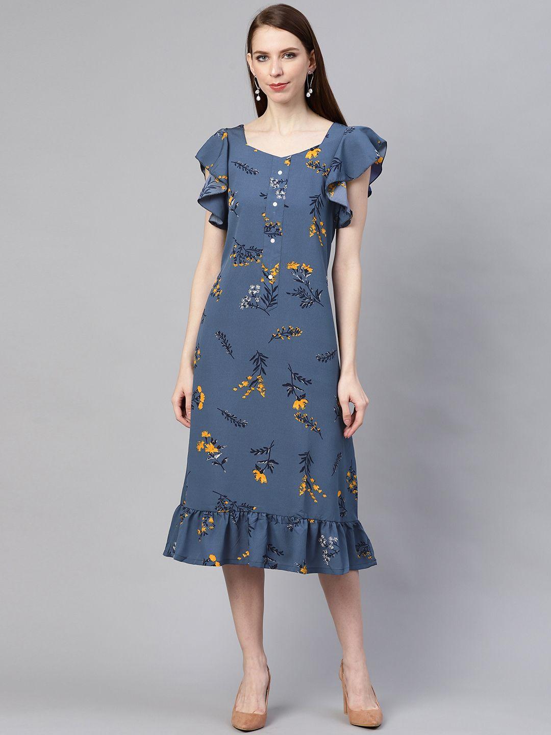 pluss women navy blue & mustard yellow floral printed a-line dress