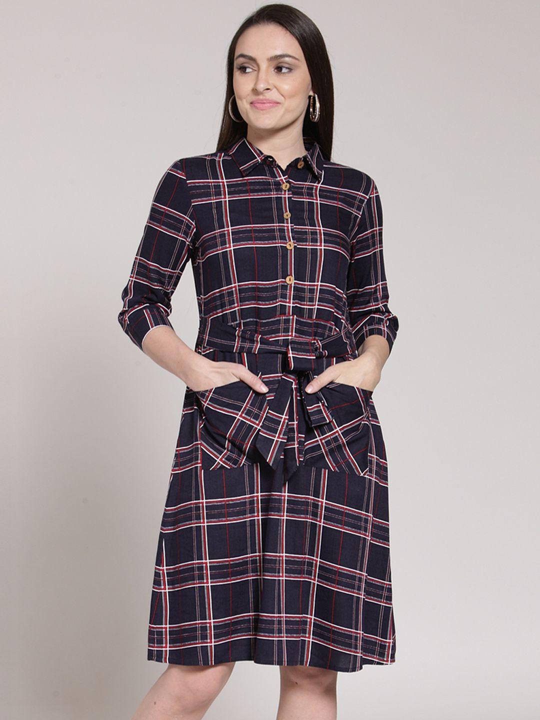 pluss women navy blue checked shirt dress